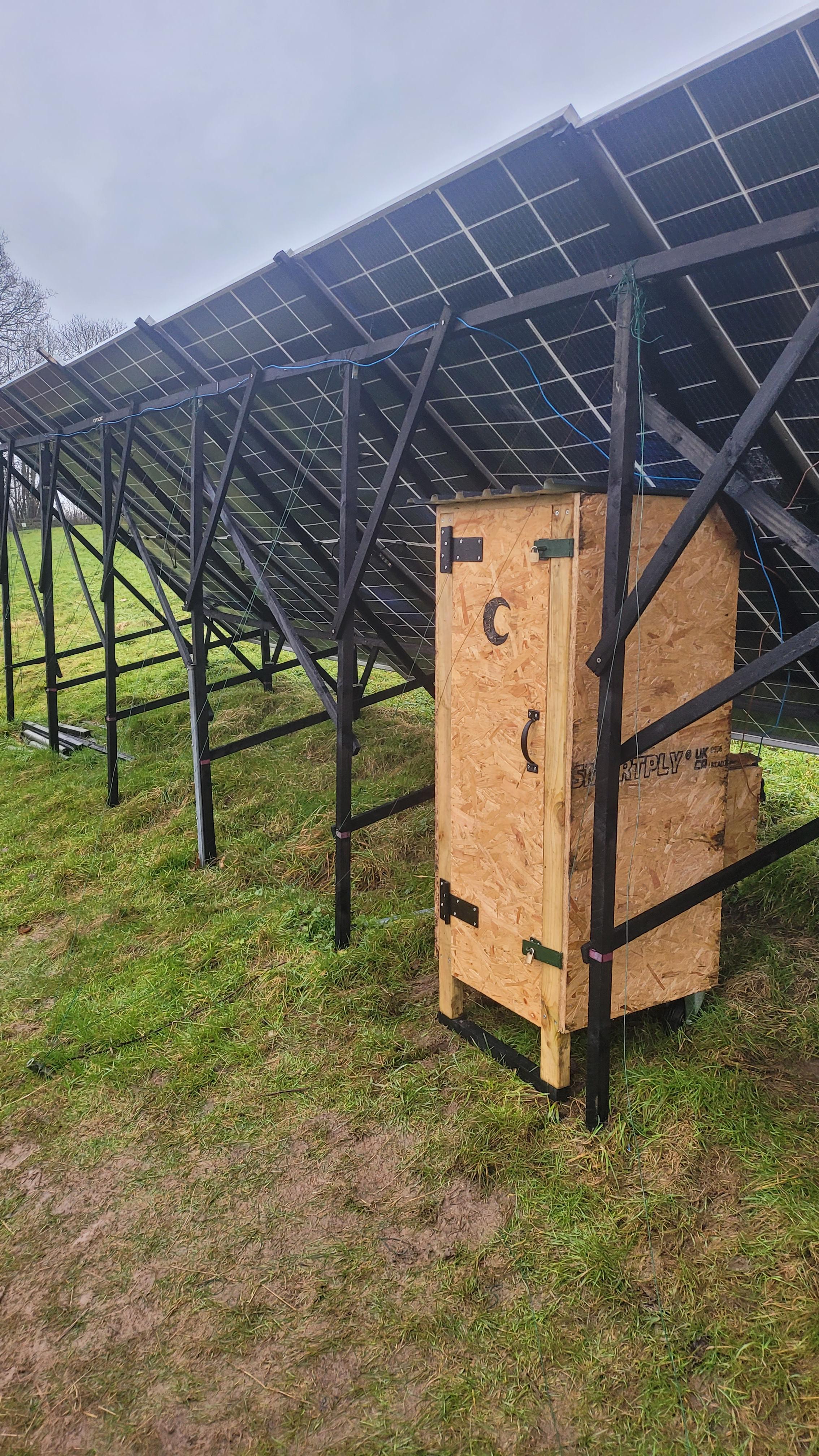 Solar panels and the miner enclosure in a field